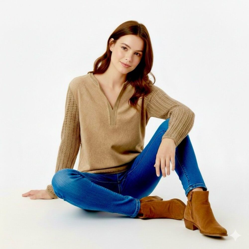 Norton Studio Brushed Faux Suede Crocheted Detailed Tan Boho Tunic Top SZ L